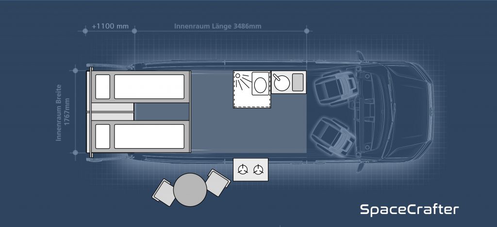 Küchenblock und alle 4 Betten im sind mehrfach versetzbar