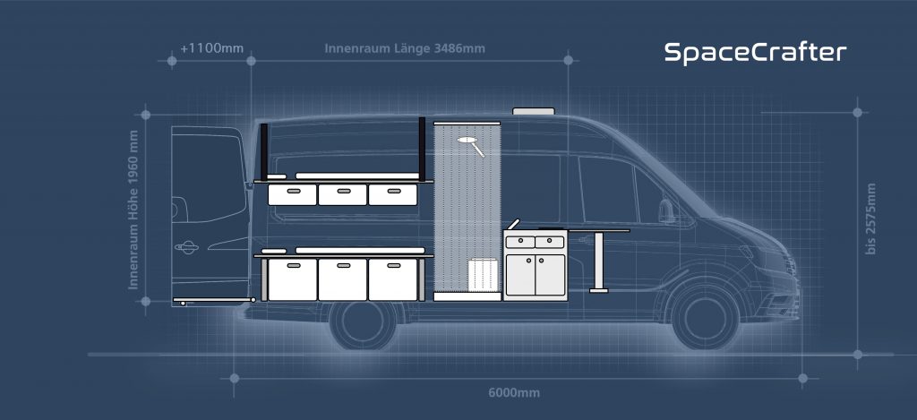 Seitenansicht vom Crafter Camper, Grundriss Innen mit Tisch