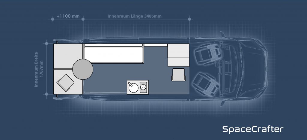 Arbeitsplatz, Wohnzimmer, Balkon und Küche und Bad im SpaceCrafter